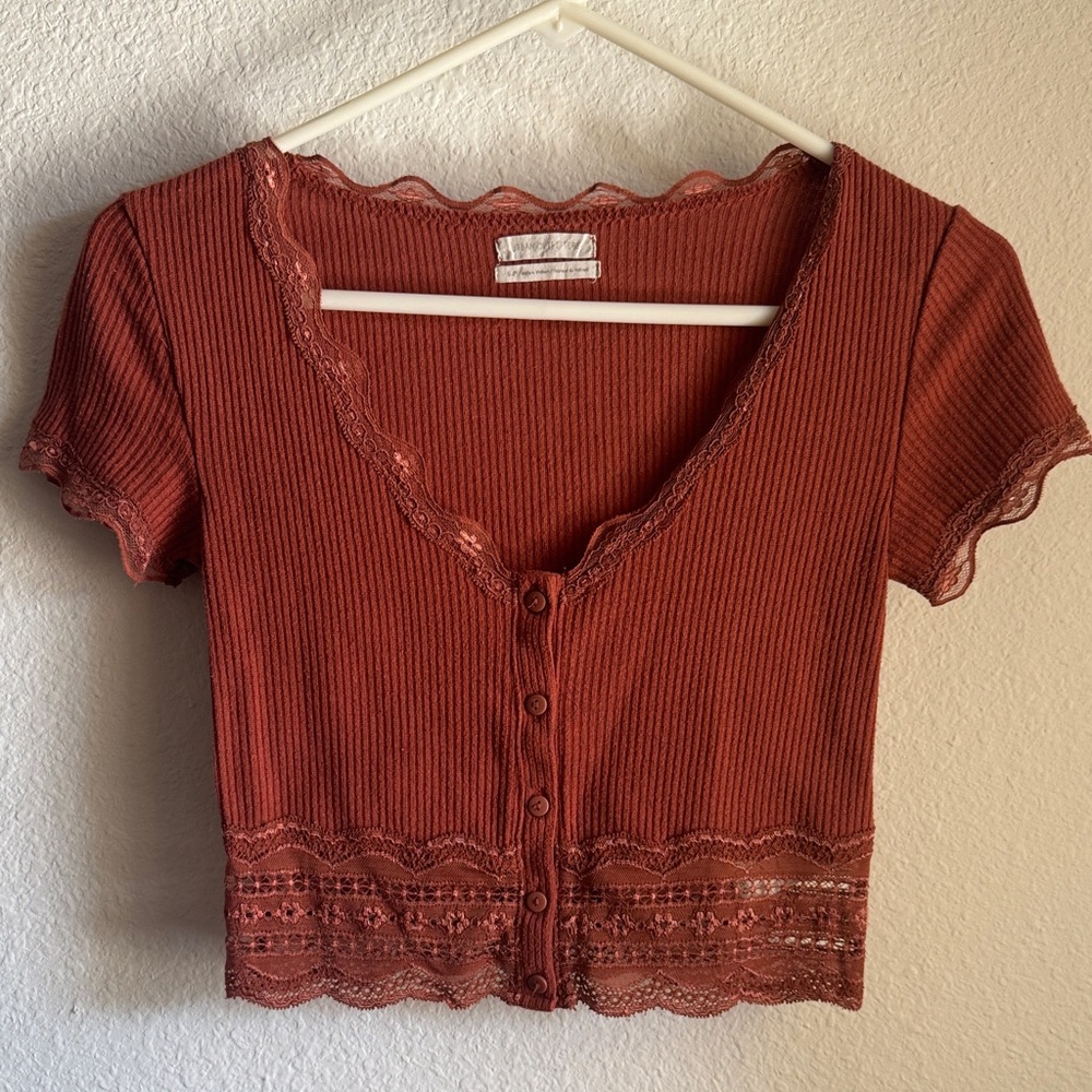 Urban Outfitters Terracotta Lace Button Crop Top